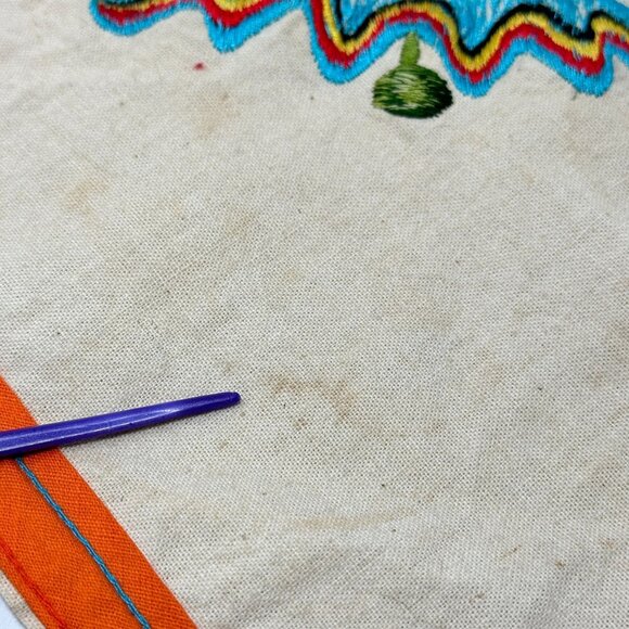 Vintage Embroidered Sad Clown Tea Towel Orange Yellow Trim Miercoles MX 16x18 - Picture 10 of 15